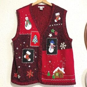 Vintage Reference Point Womens Vest XL Red Christmas Snowman Gingerbread House